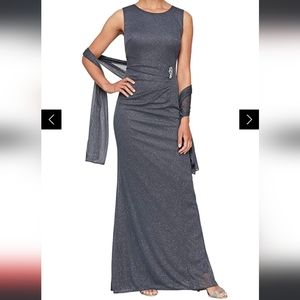 SLNY Brooch Ornate Glitter Evening Dress  (with Shawl)